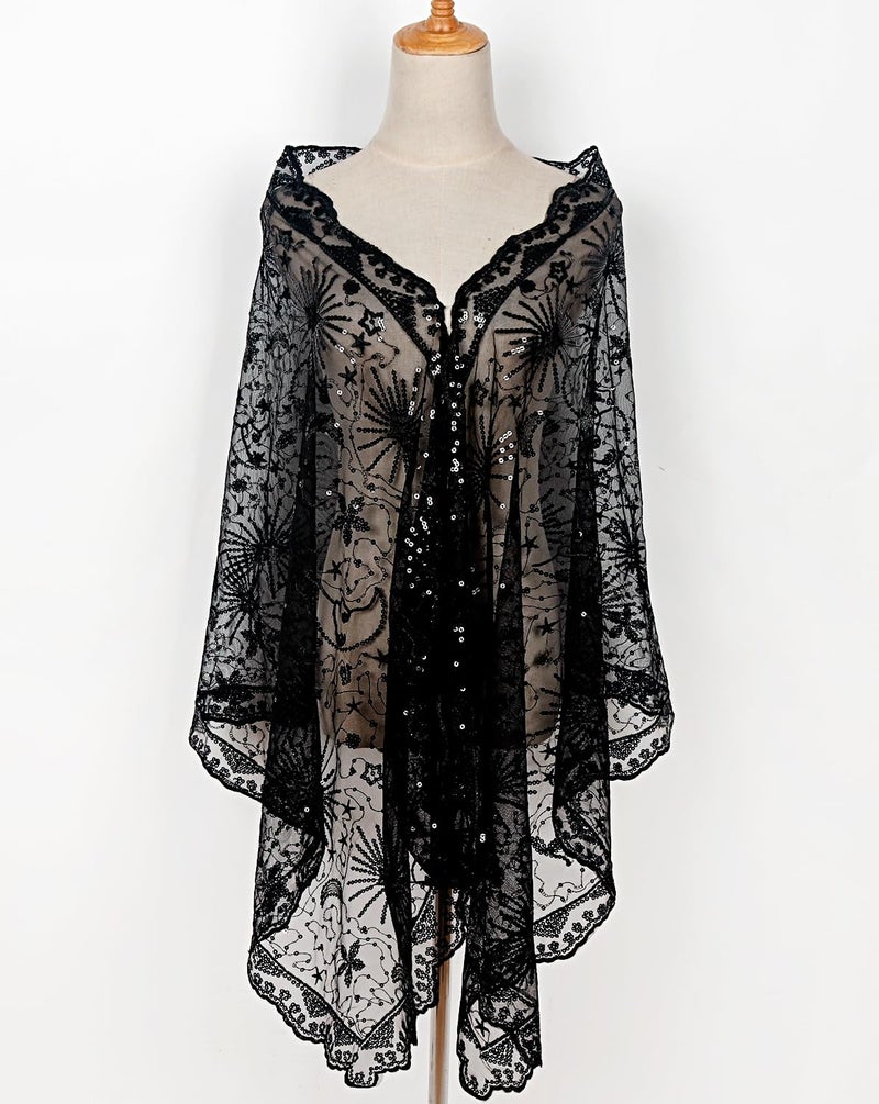 L'VOW Women's Glittering 1920s Scarf Mesh Sequin Wedding Cape Fringed Evening Shawl Wrap(S4-Black) - Image 5