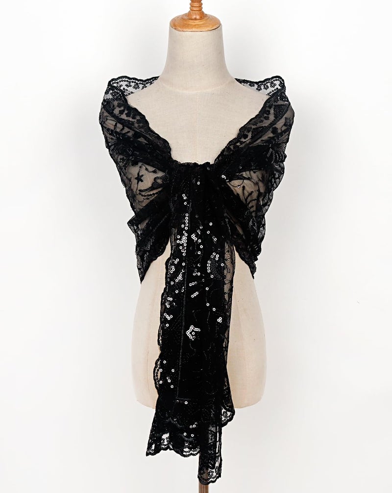 L'VOW Women's Glittering 1920s Scarf Mesh Sequin Wedding Cape Fringed Evening Shawl Wrap(S4-Black) - Image 2