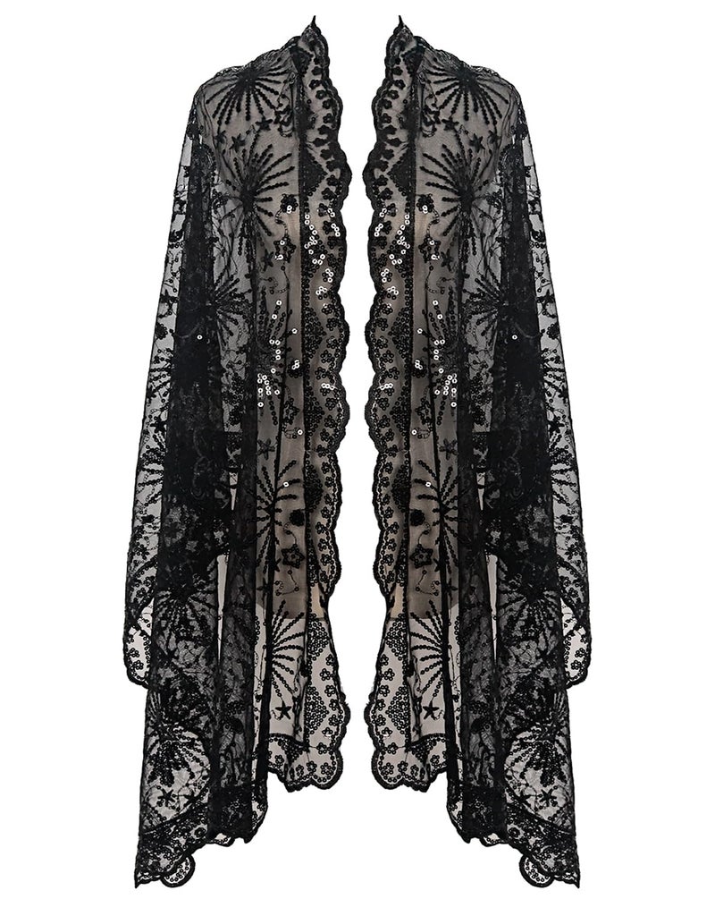 L'VOW Women's Glittering 1920s Scarf Mesh Sequin Wedding Cape Fringed Evening Shawl Wrap(S4-Black) - Image 1