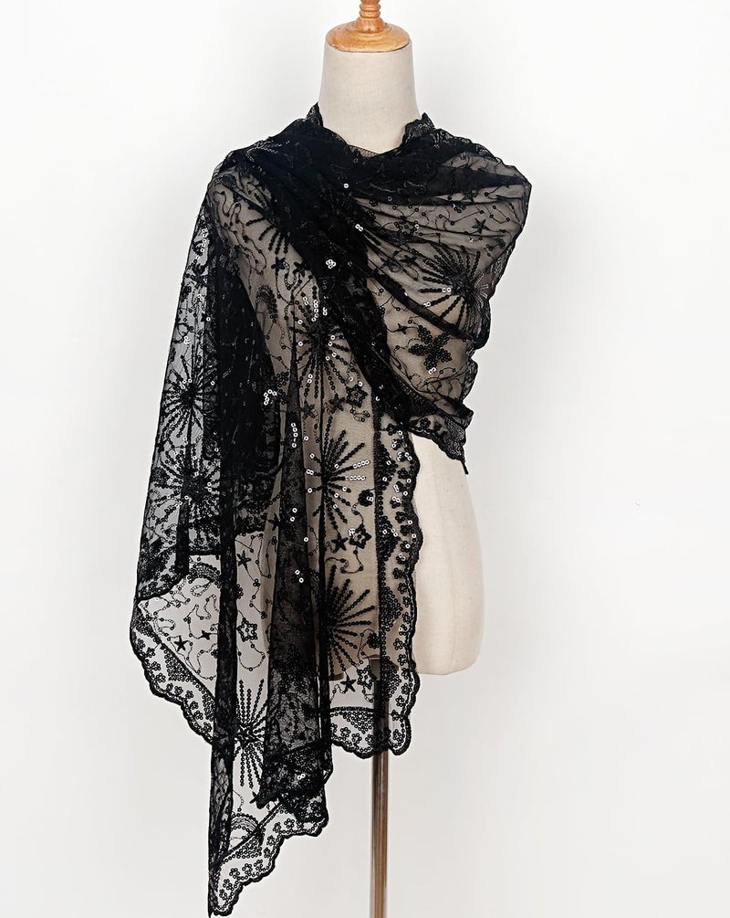 L'VOW Women's Glittering 1920s Scarf Mesh Sequin Wedding Cape Fringed Evening Shawl Wrap(S4-Black) - Image 3