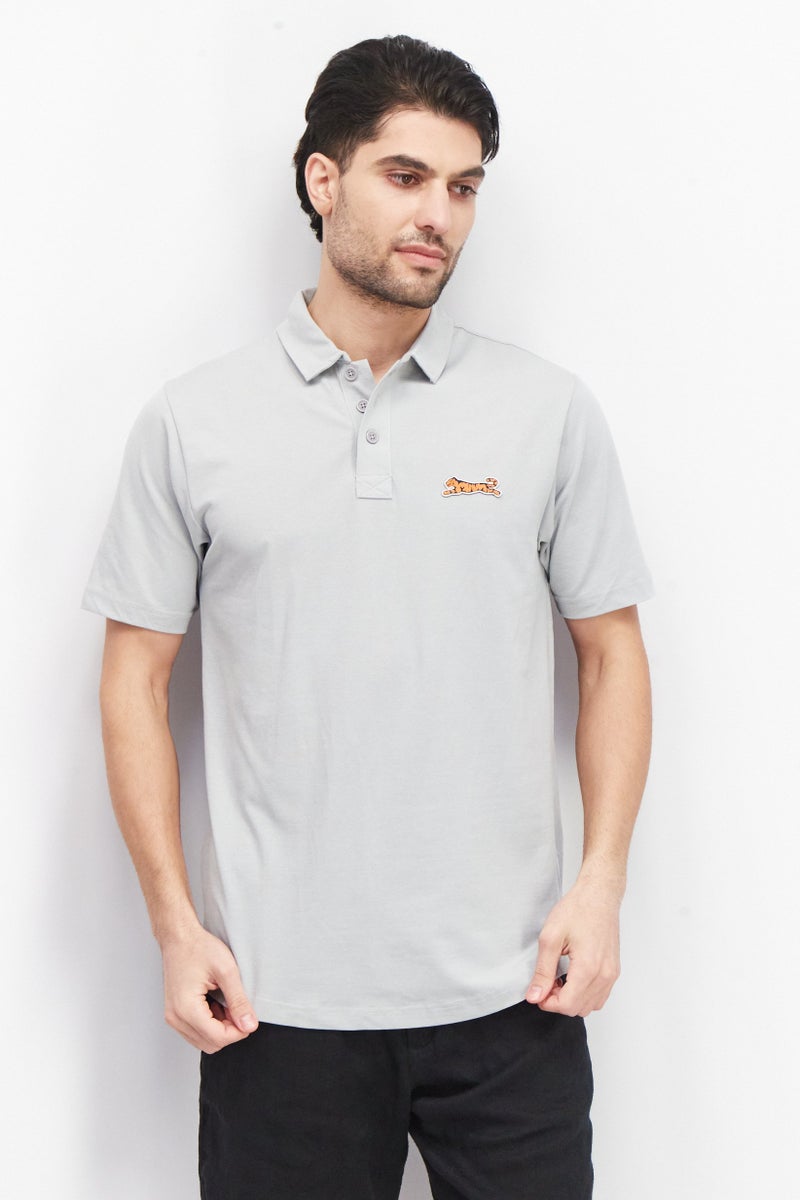Men Regular Fit Brand Logo Short Sleeves Polo Shirt, Grey