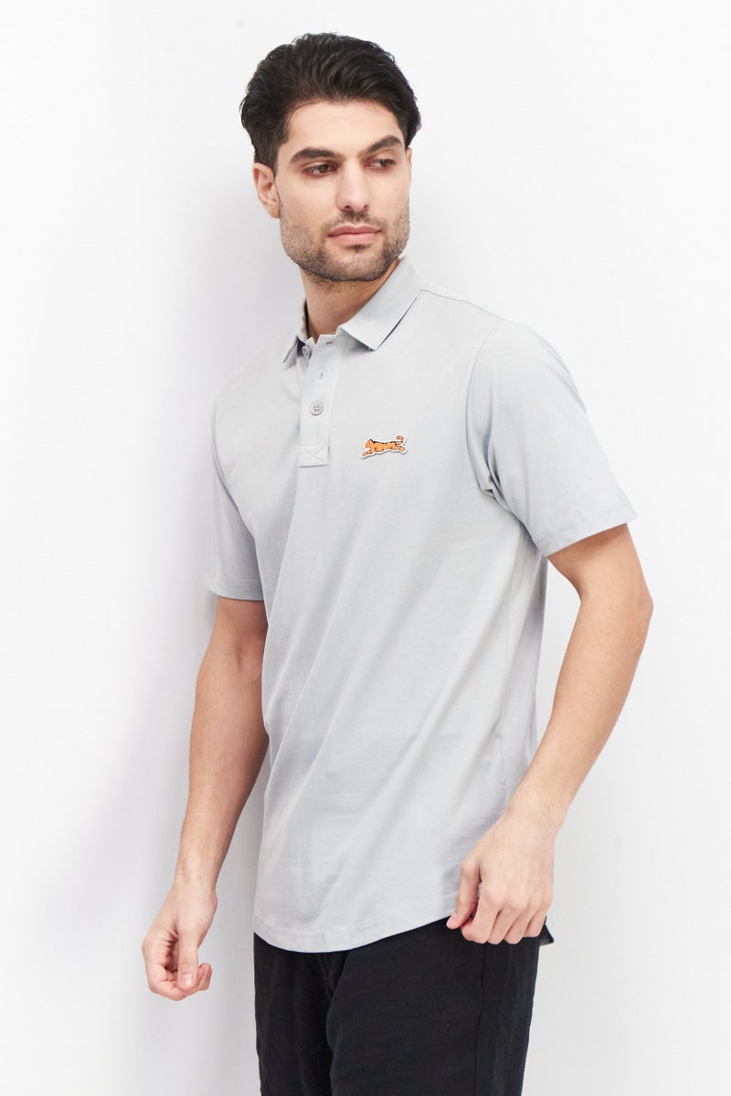Men Regular Fit Brand Logo Short Sleeves Polo Shirt, Grey