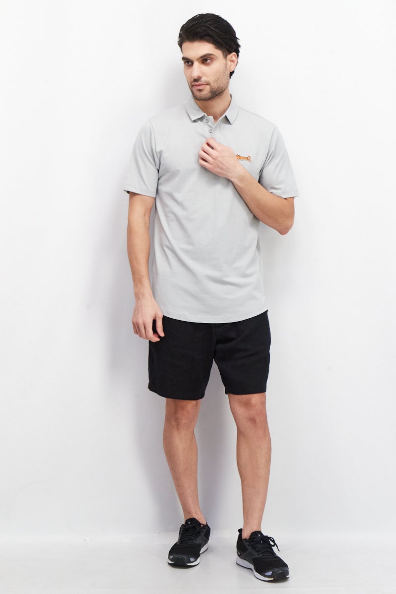 Men Regular Fit Brand Logo Short Sleeves Polo Shirt, Grey