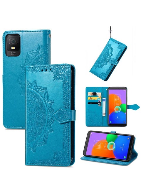 Case Cover For TCL 403 Mandala Flower Embossed Leather Phone Case Blue