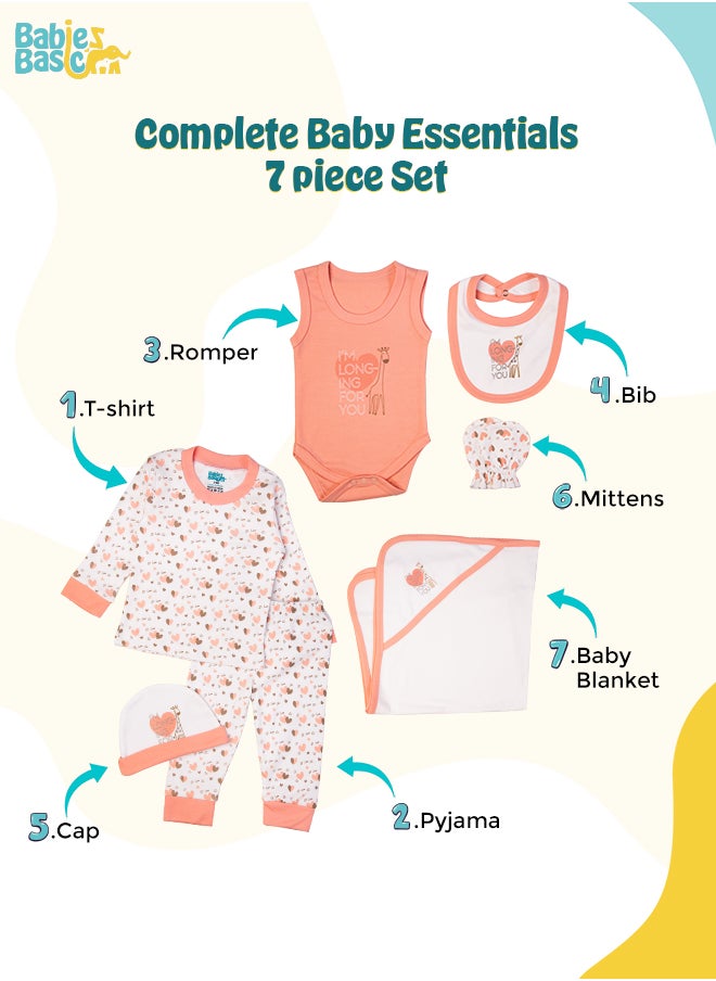 Babies Basic 7 Piece Unisex 100% Cotton Gift Set Include Bib, Blanket, Mitten, Cap, Romper, Top And Bottom Set, Pink  - Image 3
