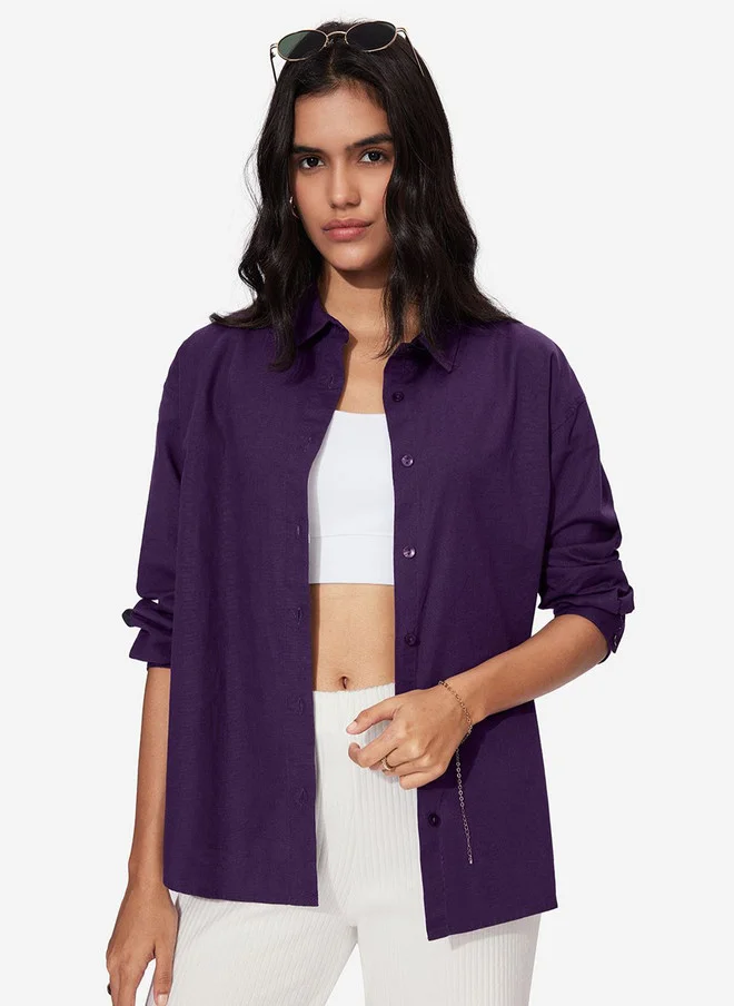 ذا سوليد ستور The Souled Store Women Purple Solid Cotton Oversized Fit Shirt