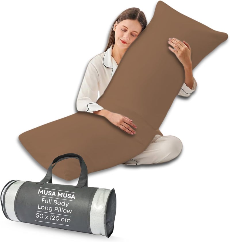 MUSA MUSA® Full Body Long Pillow with 300 Cotton TC - Breathable Polyester Filling, Pregnancy Pillow for Belly Support, Sleeping, Side Sleeper & Back Sleepers Maternity Pillow (Brown, 50 x 120cm) - Image 1