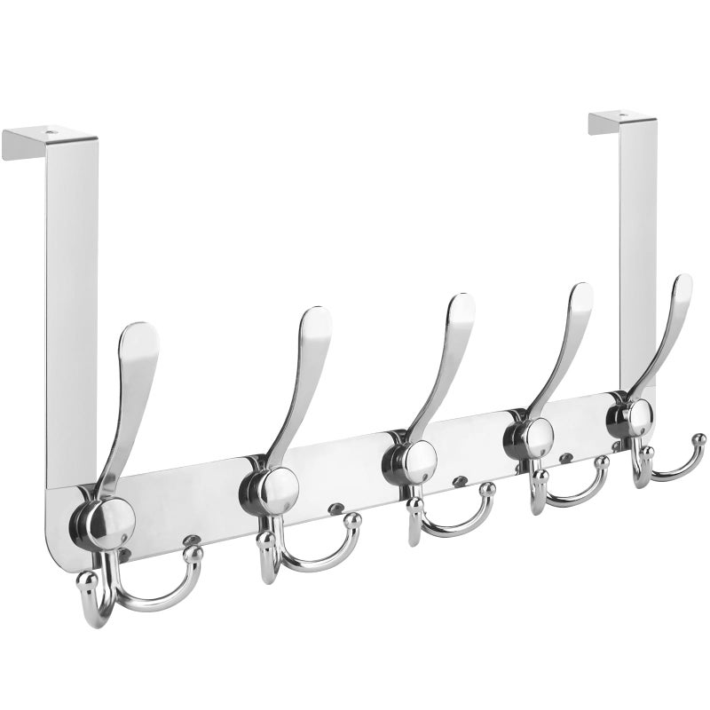 TICONN Over The Door Hooks, 5 Heavy Duty Tri Coat Rack All Metal Coat Hanger for Bathroom Bedroom Dorm (Chrome, 1PK, Fit 1-3/8" Doors) - Image 1