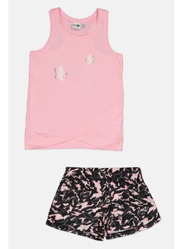 PUMA Kids Girl 2 Pieces Graphic Print Top And Short Set, Pink/Black  - Image 1