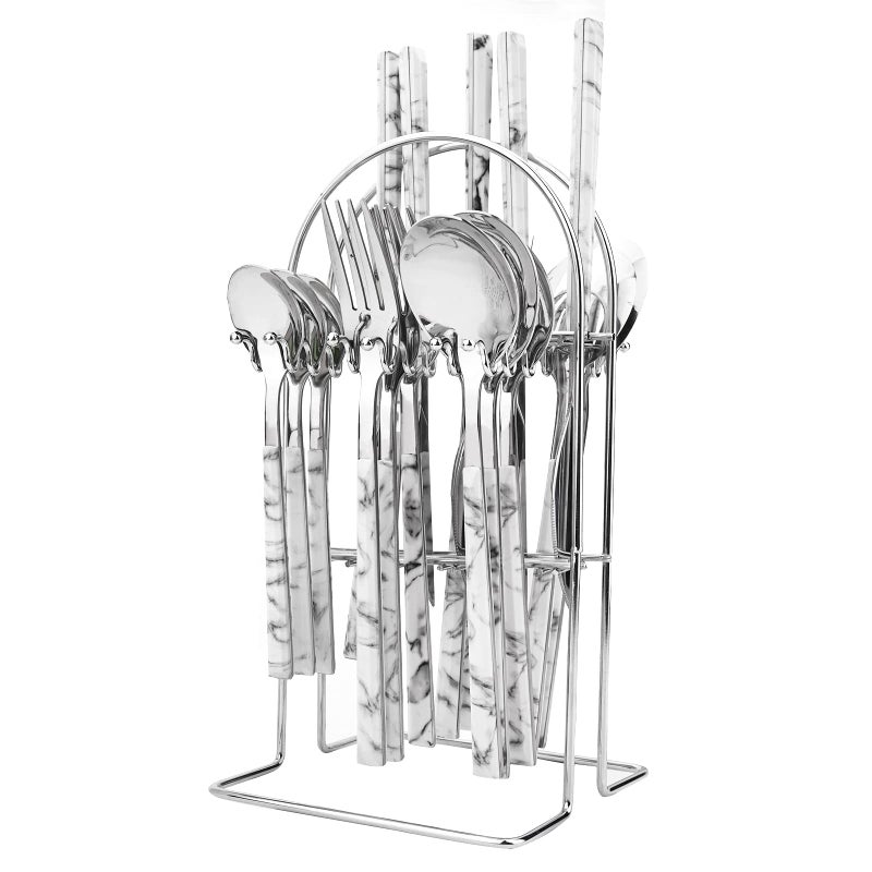 Snplowum Silverware Set 24 Piece Mirror Flatware Set With Stand Stainless Steel Utensils With White Marble Texture Handle A Complete Cutlery Set For Most Families Service For 6