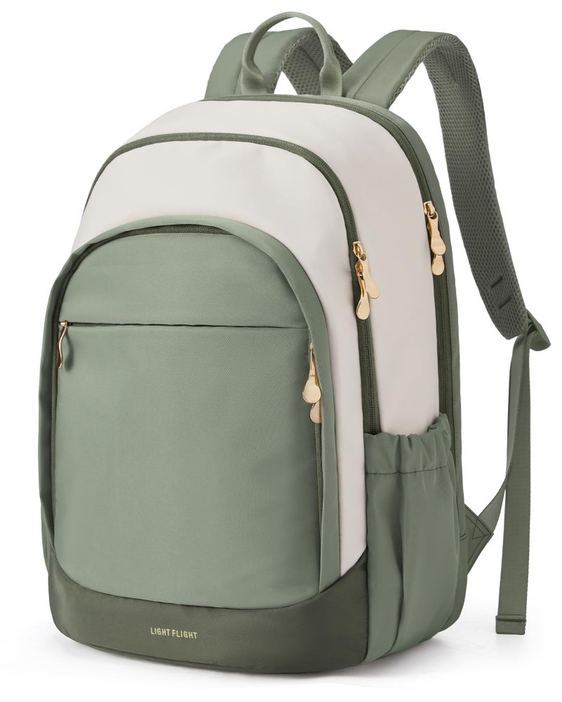 LIGHT FLIGHT Travel Backpack for Women, 15.6 Inch Laptop Backpack with USB Charging Hole, Water Resistant College Bookbag, Large Capacity Black Computer Backpacks for Work, Beige+Green - Image 1