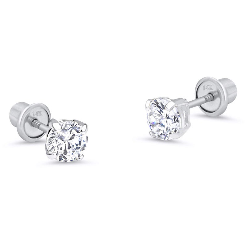 Lovearing 14k White Gold 4mm Basket Round Solitaire Cubic Zirconia Children Screw Back Baby Girls Earrings - Image 1