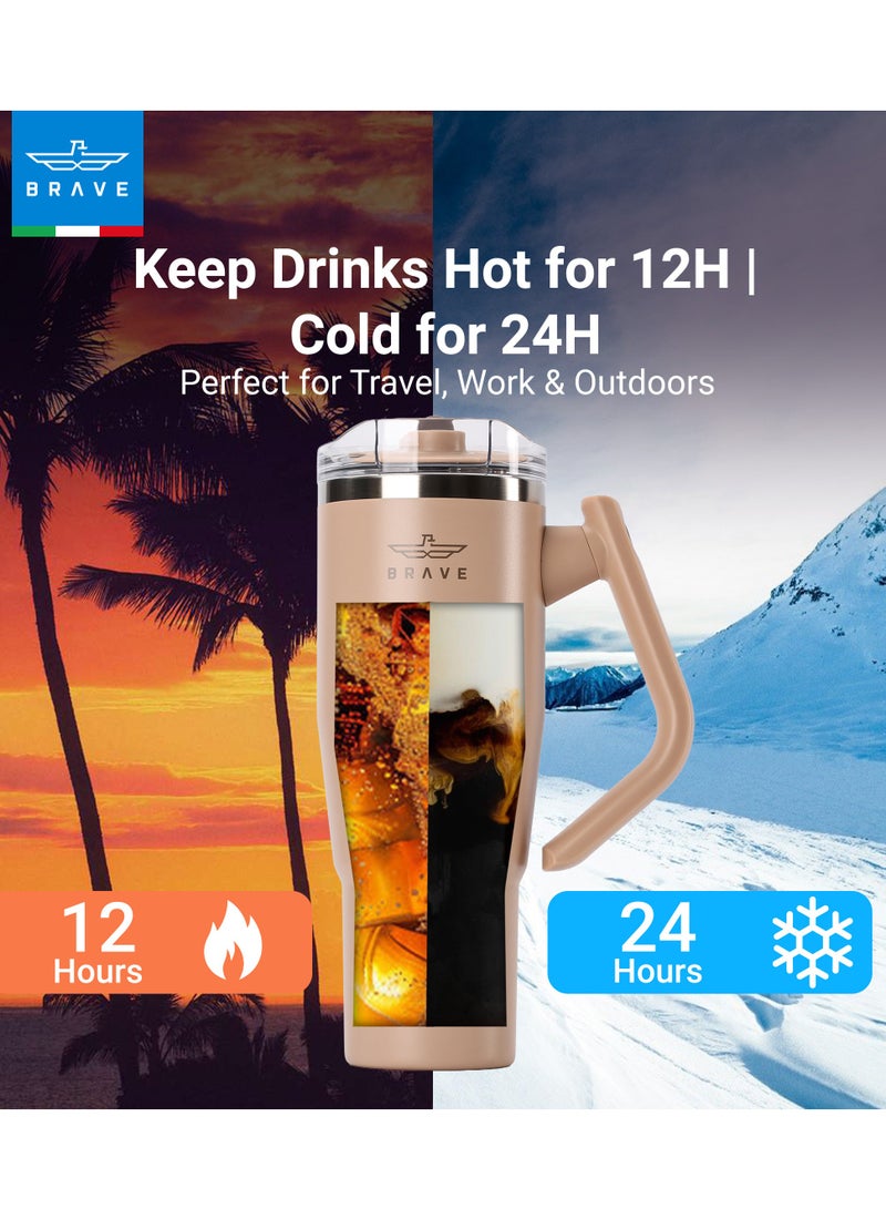 بريف تمب جارد تمبلر 1200مل - 18/8 ستانلس ستيل ترافل ماج, ثيرمال كوفي كوب, 2-إن-1 ليكبروف ليد وذ سترو & روتيتينج هاندل, إنسوليتد هوت & كولد بيفيرج ماج, كار كوب هولدر كومباتيبيل, ديورابل & ريوسابل كوفي ترافل ماج (براون) - Image 2
