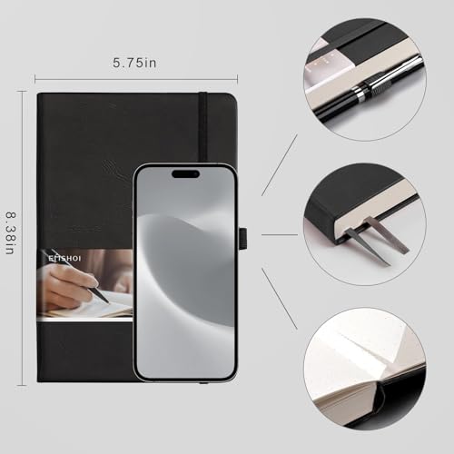EMSHOI Dotted Notebook - 256 Pages A5 Dotted Grid Journal Notebook,120gsm Thick Paper,16 Perforated Pages, Smooth PU Leather, Inner Pocket,5.75'' × 8.38''-Black - Image 4