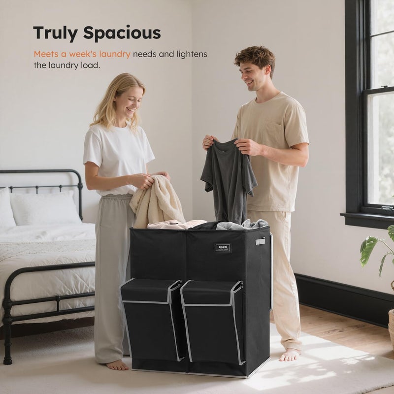 SOLEDI Double Laundry Hamper with Lid, 47.8 Gal (180L) Large Laundr Basket 2 Section with 2 Side Pockets, Dirty Clothes Hamper with Removable Bag, Easy to Carry for Laundry Room, Bedroom, Black - Image 3