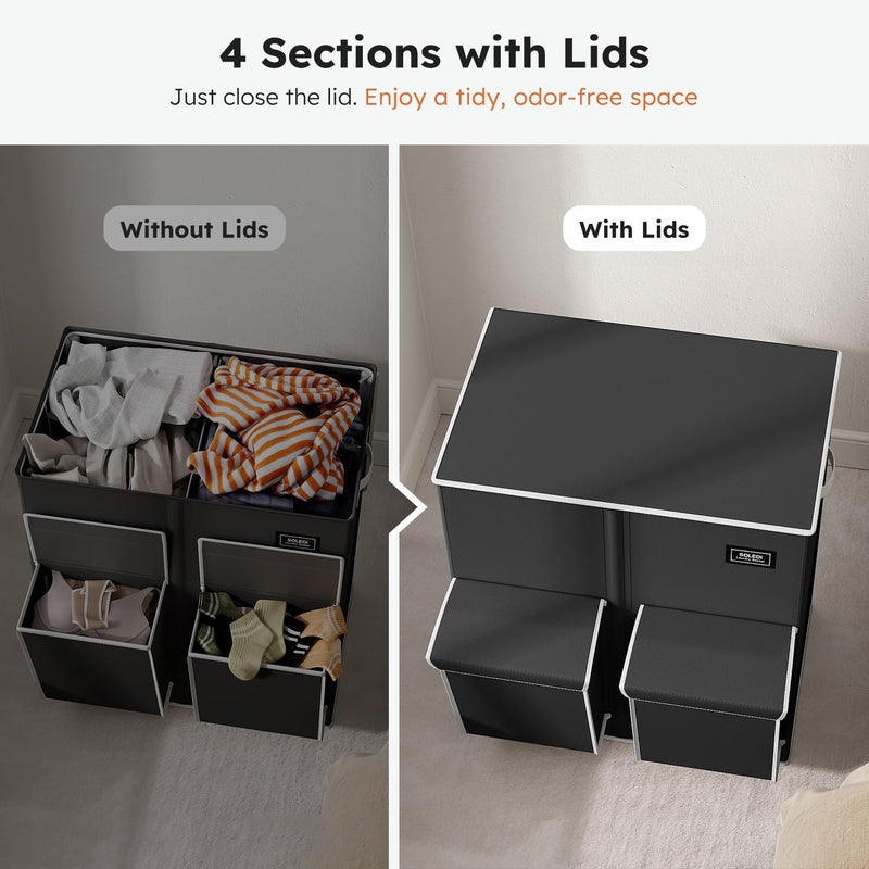 SOLEDI Double Laundry Hamper with Lid, 47.8 Gal (180L) Large Laundr Basket 2 Section with 2 Side Pockets, Dirty Clothes Hamper with Removable Bag, Easy to Carry for Laundry Room, Bedroom, Black - Image 5