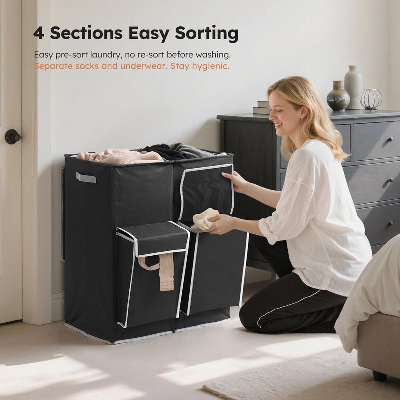 SOLEDI Double Laundry Hamper with Lid, 47.8 Gal (180L) Large Laundr Basket 2 Section with 2 Side Pockets, Dirty Clothes Hamper with Removable Bag, Easy to Carry for Laundry Room, Bedroom, Black - Image 2