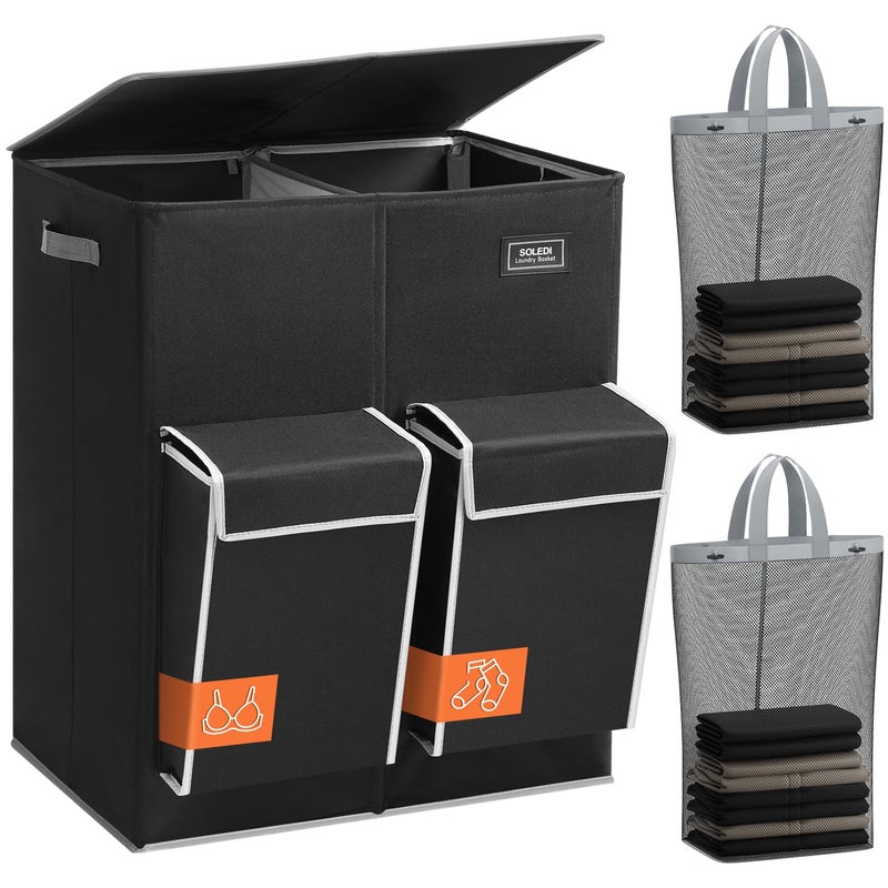 SOLEDI Double Laundry Hamper with Lid, 47.8 Gal (180L) Large Laundr Basket 2 Section with 2 Side Pockets, Dirty Clothes Hamper with Removable Bag, Easy to Carry for Laundry Room, Bedroom, Black - Image 1