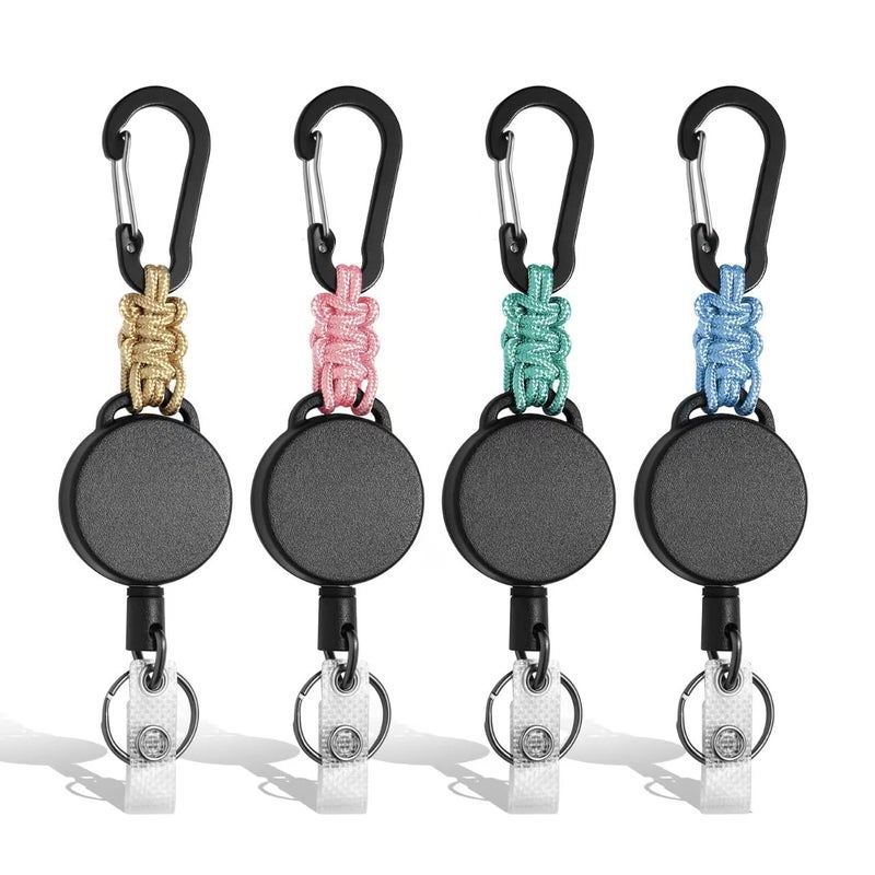 Levateeta 4 Pack Retractable Keychain Heavy Duty Carabiner Badge Reel Bright Colored Retractable Carabiner Key Lanyard ID Holder Clip Steel Cord Key Fob Key Ring 4 Bright Colors - Image 1