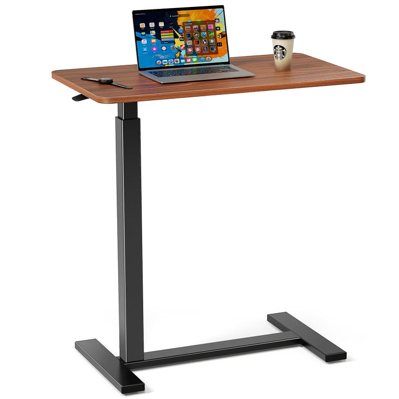 Simple Deluxe Adjustable Overbed Bedside Table with Wheels, Rolling Laptop Table, Pneumatic Adjustable Hospital & Home Use Bed Table, Mobile Standing Desk, Brown - Image 1