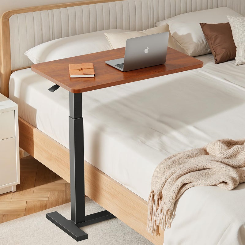 Simple Deluxe Adjustable Overbed Bedside Table with Wheels, Rolling Laptop Table, Pneumatic Adjustable Hospital & Home Use Bed Table, Mobile Standing Desk, Brown - Image 2