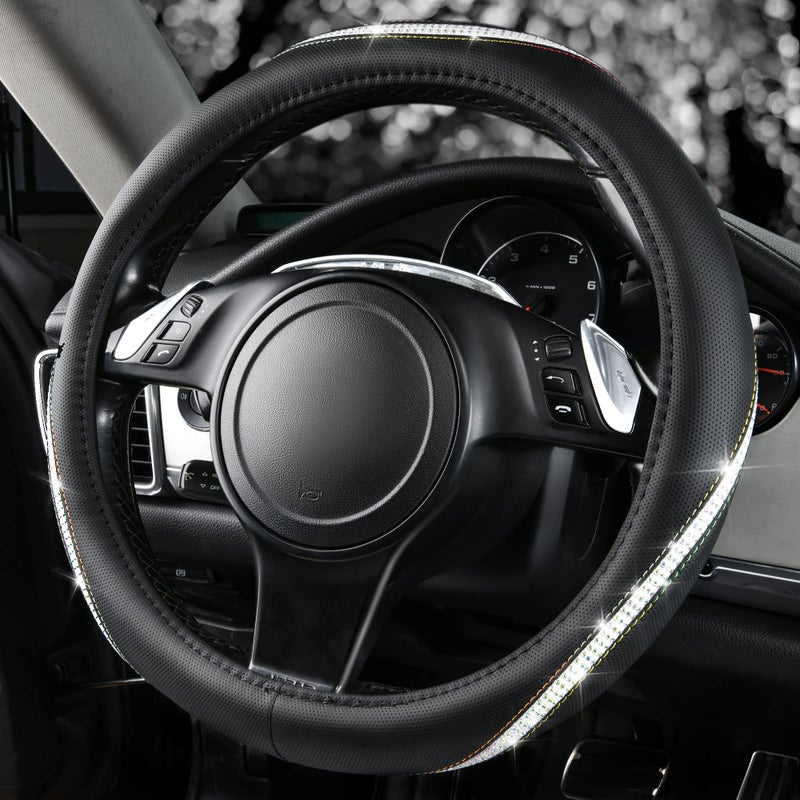 CAR PASS Bling Diamond Black Leather Steering Wheel Cover, Studded Crystal Rhinestones Universal Fit 14" 1/2-15" Glitter for Women Sparkle Girl Fit Suvs,Vans,Sedans,Car,Trucks, Multicolor Diamond - Image 3