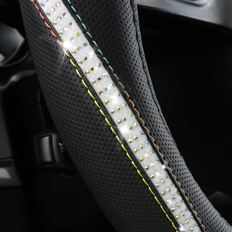 CAR PASS Bling Diamond Black Leather Steering Wheel Cover, Studded Crystal Rhinestones Universal Fit 14" 1/2-15" Glitter for Women Sparkle Girl Fit Suvs,Vans,Sedans,Car,Trucks, Multicolor Diamond - Image 2