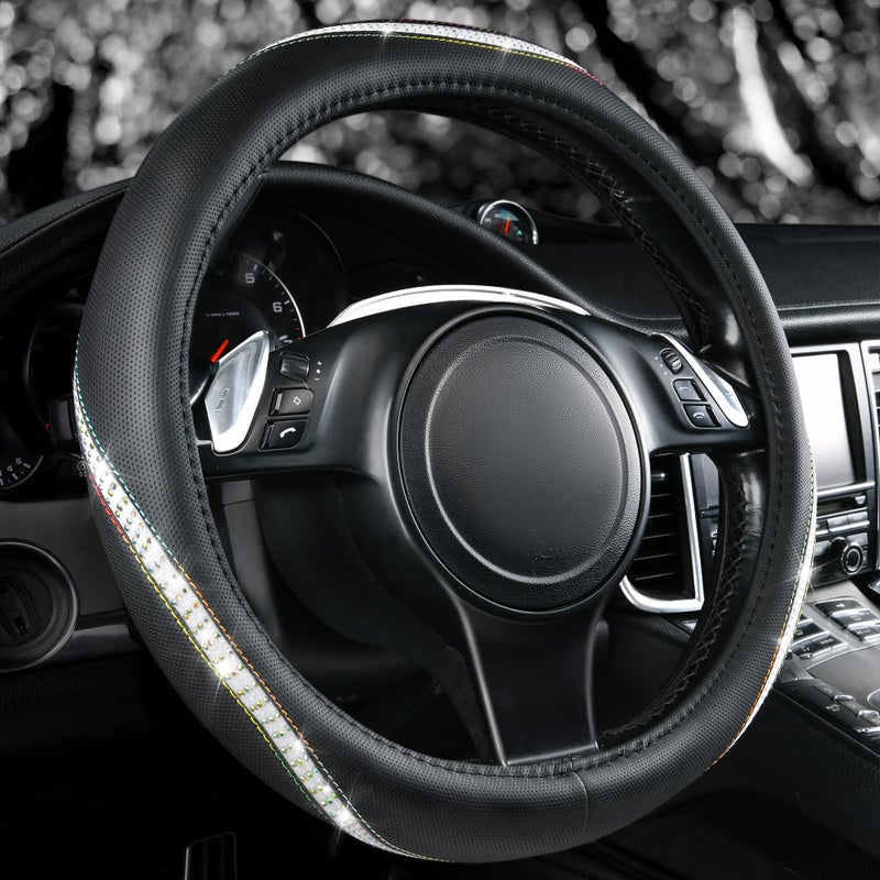 CAR PASS Bling Diamond Black Leather Steering Wheel Cover, Studded Crystal Rhinestones Universal Fit 14" 1/2-15" Glitter for Women Sparkle Girl Fit Suvs,Vans,Sedans,Car,Trucks, Multicolor Diamond - Image 1