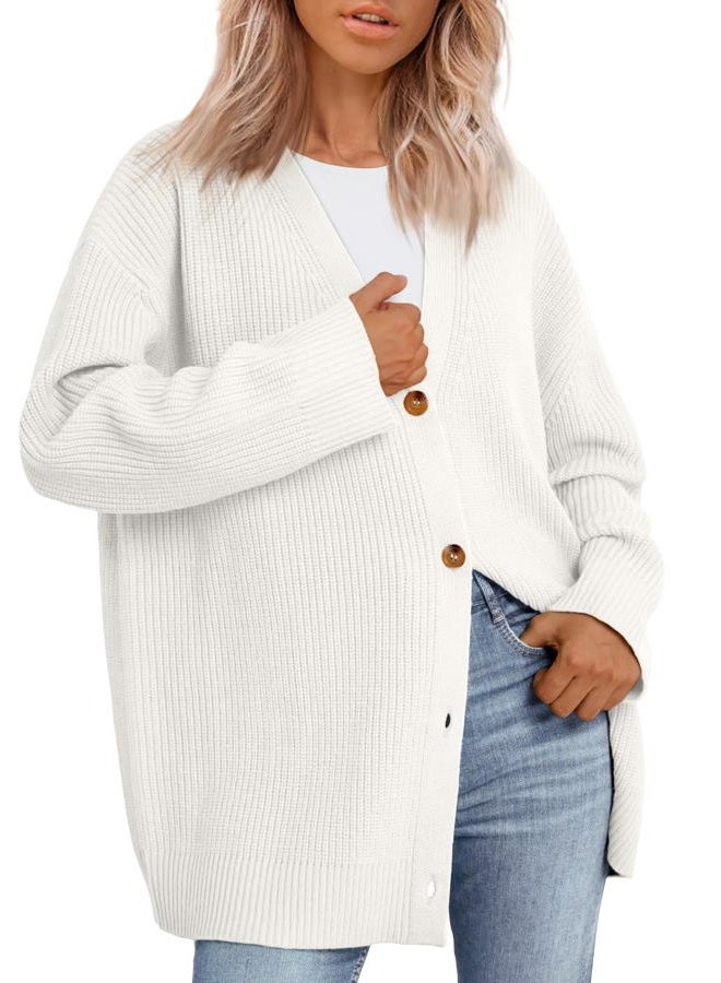 LILLUSORY Women Oversized Cardigan Sweater Fall Outfits Cloth Fashion V Neck Knit Button Front Casual Trendy Tops White Small - Image 1