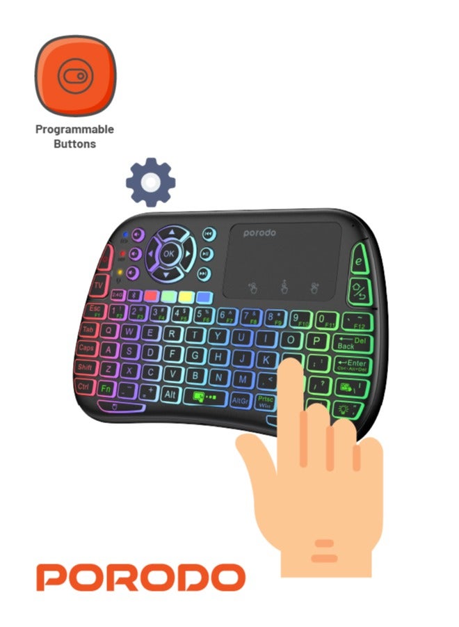 porodo Universal Keyboard Remote & Mouse with Programmable Buttons & RGB Lights/ 2.4GHz Wireless/ Keyboard with gesture Control / for Windows, Mac OS, Linux, Android, Google Smart TV - Black - Image 5