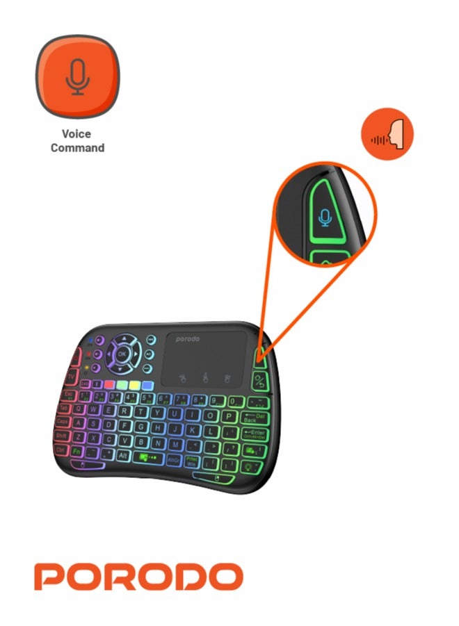 porodo Universal Keyboard Remote & Mouse with Programmable Buttons & RGB Lights/ 2.4GHz Wireless/ Keyboard with gesture Control / for Windows, Mac OS, Linux, Android, Google Smart TV - Black - Image 4