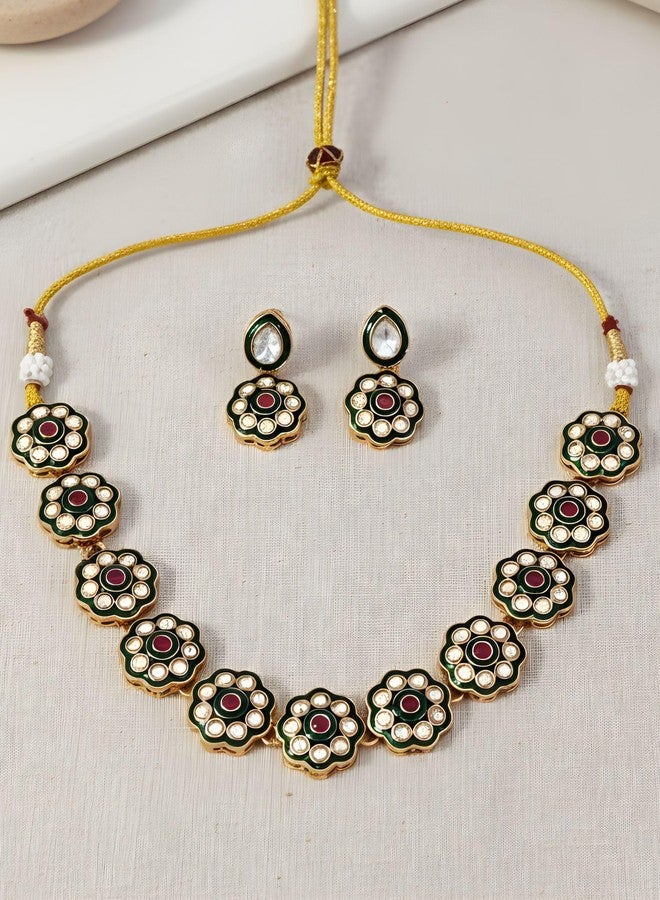 Karatcart Traditional Gold-Plated Red Stone & Green Enamel Floral Kundan Jewellery Set for Women - Image 2