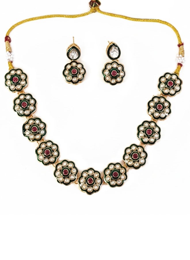 Karatcart Traditional Gold-Plated Red Stone & Green Enamel Floral Kundan Jewellery Set for Women - Image 4