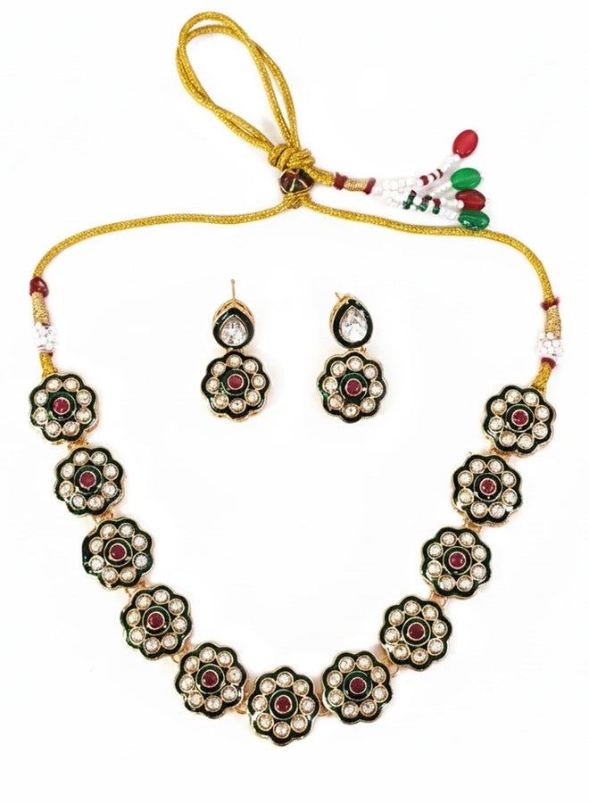 Karatcart Traditional Gold-Plated Red Stone & Green Enamel Floral Kundan Jewellery Set for Women - Image 5