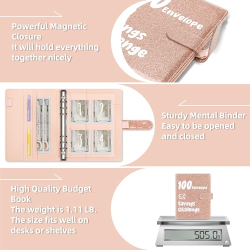 Ospelelf 100 Envelopes Money Saving Challenge Binder 52 Week Budget Book with Cash Envelopes to Save $10,000, Glitter Rose Gold - Image 4