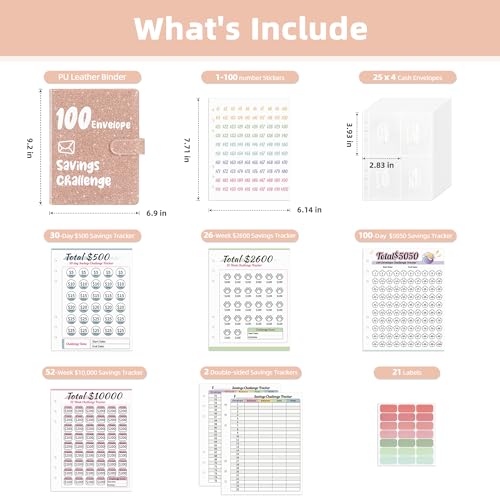 Ospelelf 100 Envelopes Money Saving Challenge Binder 52 Week Budget Book with Cash Envelopes to Save $10,000, Glitter Rose Gold - Image 2