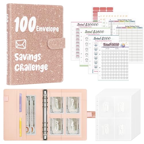 Ospelelf 100 Envelopes Money Saving Challenge Binder 52 Week Budget Book with Cash Envelopes to Save $10,000, Glitter Rose Gold - Image 1