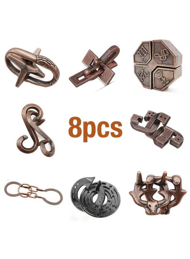8 Piece Luban Lock Set Metal 3D Brain Teaser Puzzle Desktop Game For Adults - Image 1