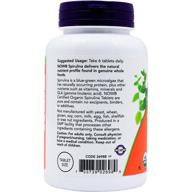 Now Organic Spirulina 500 mg Antioxidant Tablets For Overall Health & Wellness, Pack of 200's - Image 2