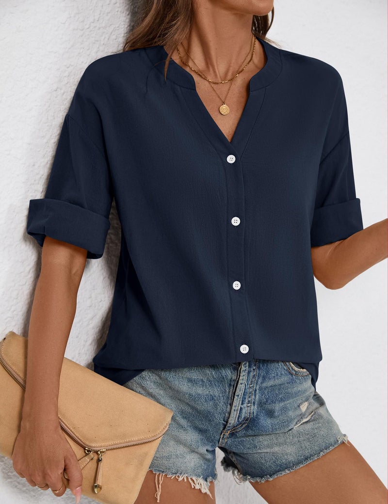 LOMON 3/4 Sleeve Button Down Blouses Cotton Short Sleeve Shirts V Neck Casual Loose Guaze Tops Navy Blue L - Image 3