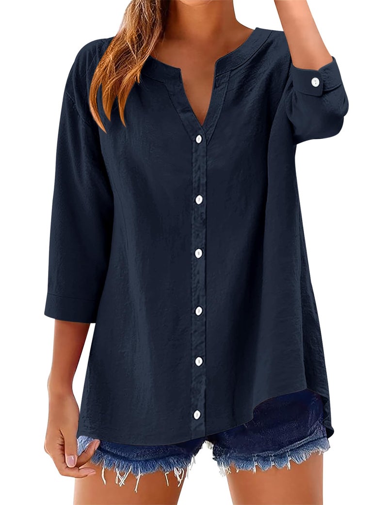 LOMON 3/4 Sleeve Button Down Blouses Cotton Short Sleeve Shirts V Neck Casual Loose Guaze Tops Navy Blue L - Image 1