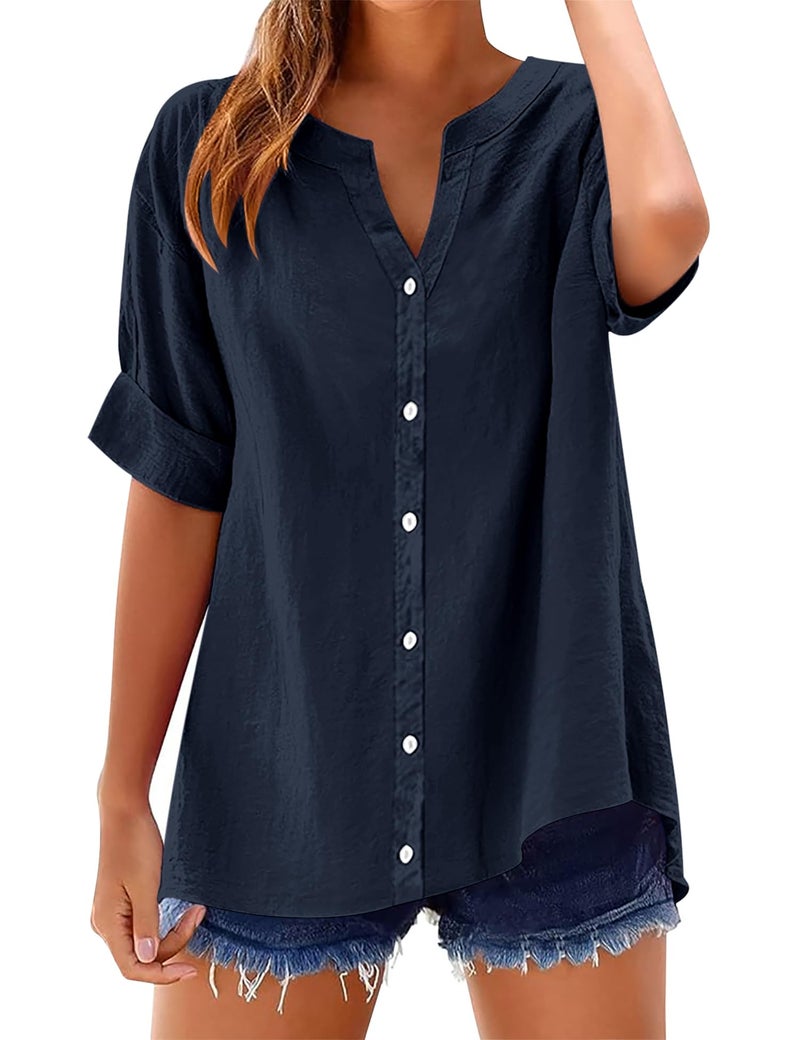 LOMON 3/4 Sleeve Button Down Blouses Cotton Short Sleeve Shirts V Neck Casual Loose Guaze Tops Navy Blue L - Image 2