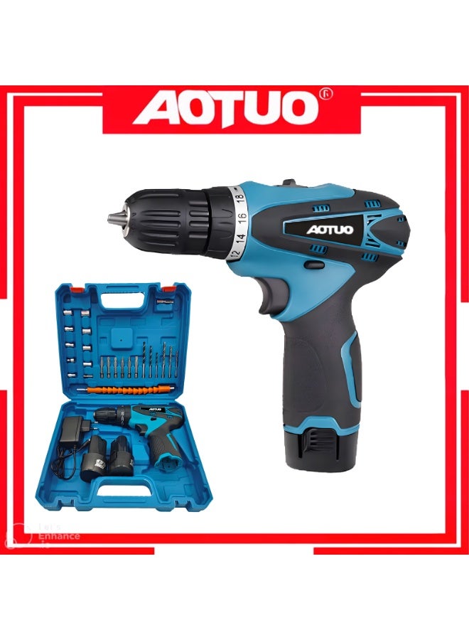 AOTUO طقم مثقاب كهربائي لاسلكي - مثقاب تأثير 12 فولت مع رؤوس مفك البراغي ورؤوس مثقاب براد - مفك براغي قابل لإعادة الشحن مع بطاريتين - طقم أدوات منزلية - Image 1