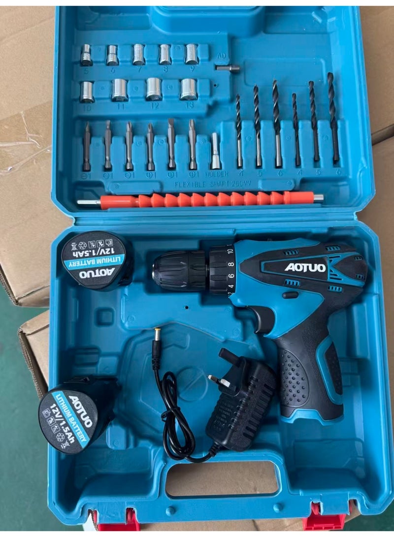 AOTUO طقم مثقاب كهربائي لاسلكي - مثقاب تأثير 12 فولت مع رؤوس مفك البراغي ورؤوس مثقاب براد - مفك براغي قابل لإعادة الشحن مع بطاريتين - طقم أدوات منزلية - Image 2
