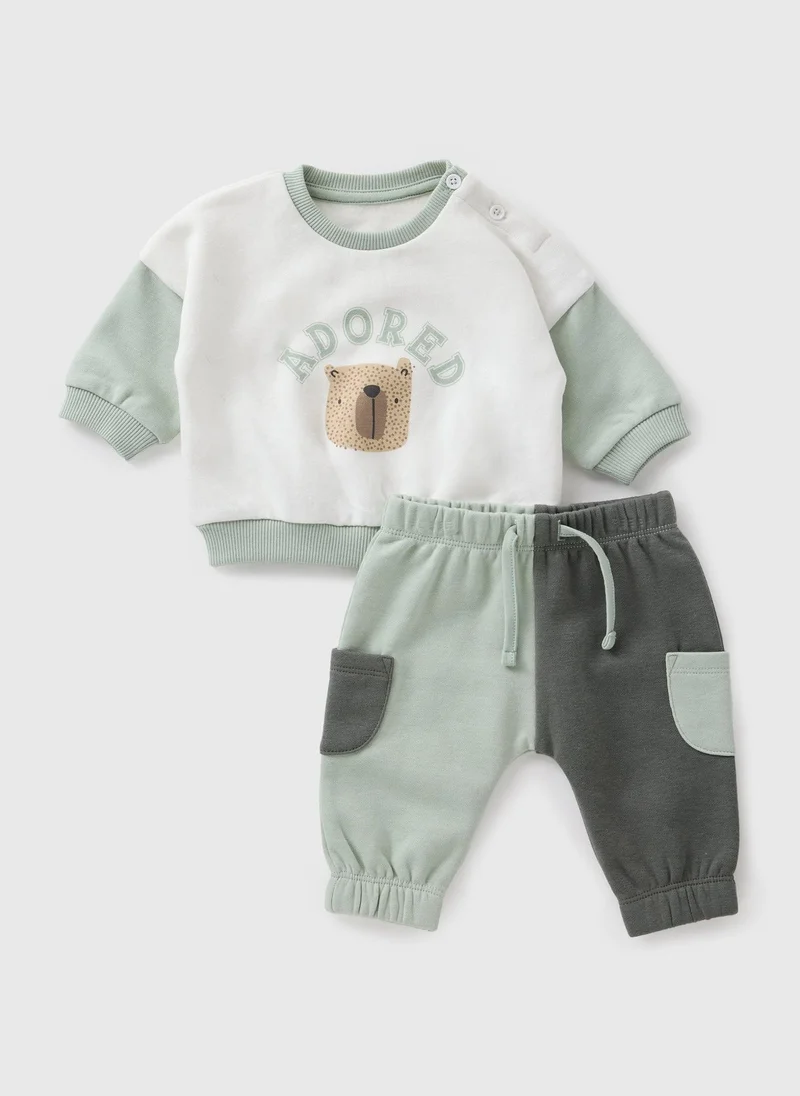 Matalan Baby Green Bear Cut & Sew Sweatshirt & Jogging Bottom Set