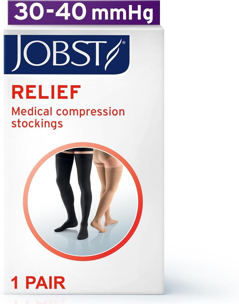 JOBST Relief 30-40 mmHg Closed Toe Thigh High Support Sock with Silicone Top Band - Medium, Black - Image 2