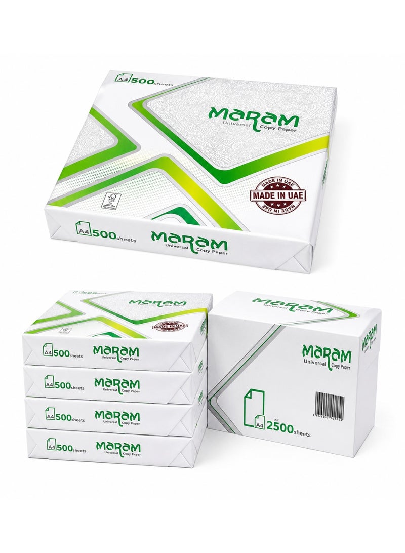 A4 Copy Paper 80 GSM, Premium Multipurpose Printer Paper, High Whiteness, Jam-Free for Inkjet & Laser Printers, 500 Sheetsx 5 MADE IN UAE Jumbo Value Pack of 5, 2500 Sheets - Image 1