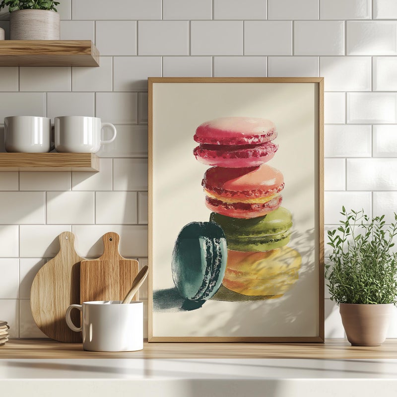 TNESSENTIAL Colorful Macarons Painting Poster or Canvas Print, Minimalist Dessert Poster, French Cookie Print, Cute Kitchen Decor, Sweet Treat Poster - Image 1
