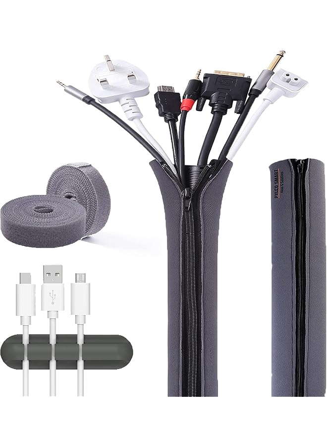 Green Tiger Cable Management Kit with 2 Wire Organizer Sleeve zipper 27inch Long, 2 Roll Reusable Self Velcro Cable Ties Fastening Strap, Adhesive Cord Holder for Home Office Desk Organiser