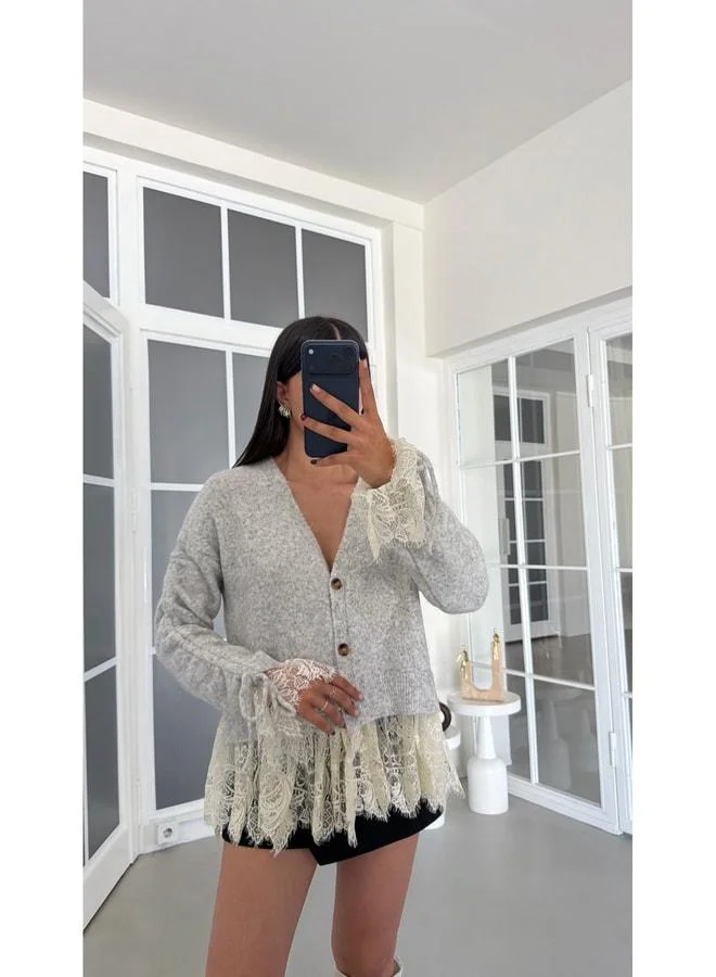 Gaus Gray Lace Detailed Knit Cardigan GAUS-01944.